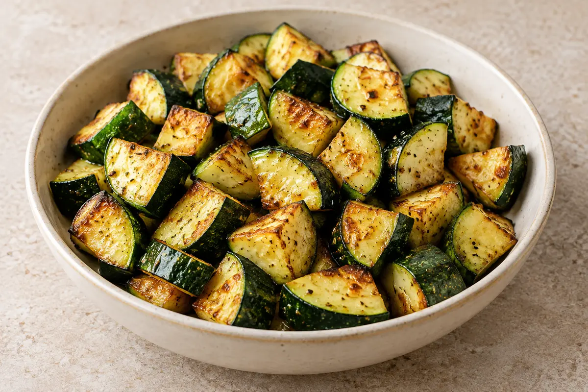 Air-fried zucchini chunks with browned edges in a cream ceramic bowl