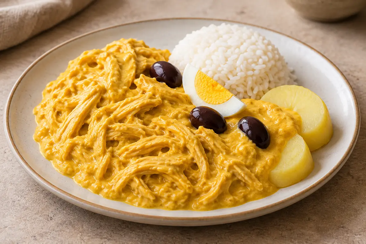 Creamy yellow ají de gallina with shredded chicken, white rice, boiled potato, egg and black olives