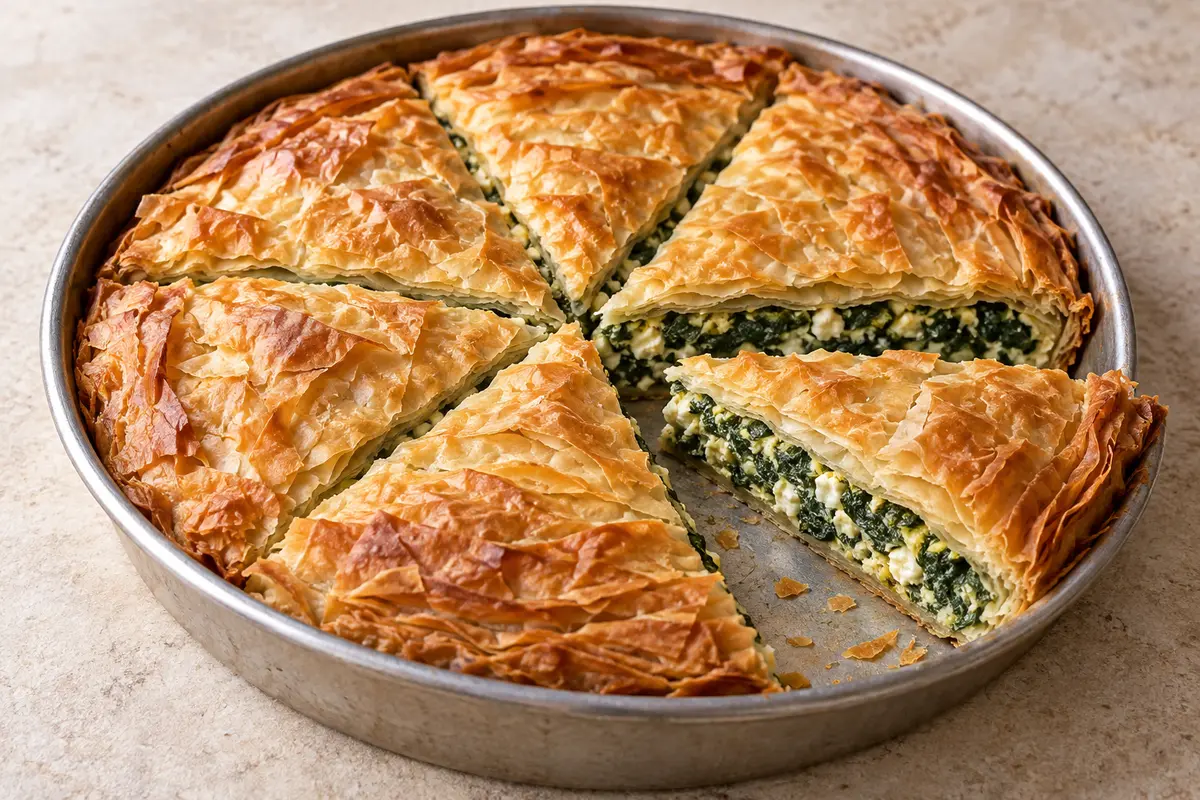 Round golden Albanian spinach and feta filo pie cut into six wedges, with one wedge separated to show the green filling