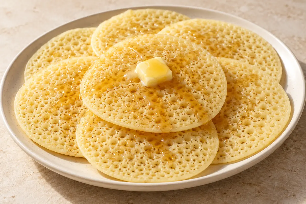 Pale Algerian baghrir pancakes covered in tiny holes, served with melting butter and honey on a cream plate