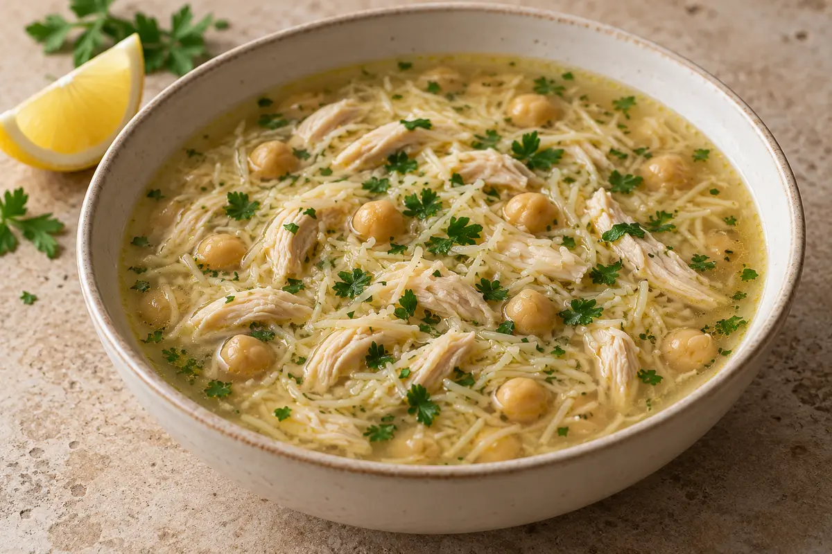 Pale Algerian chicken soup with chickpeas, fine vermicelli and chopped parsley in a cream bowl