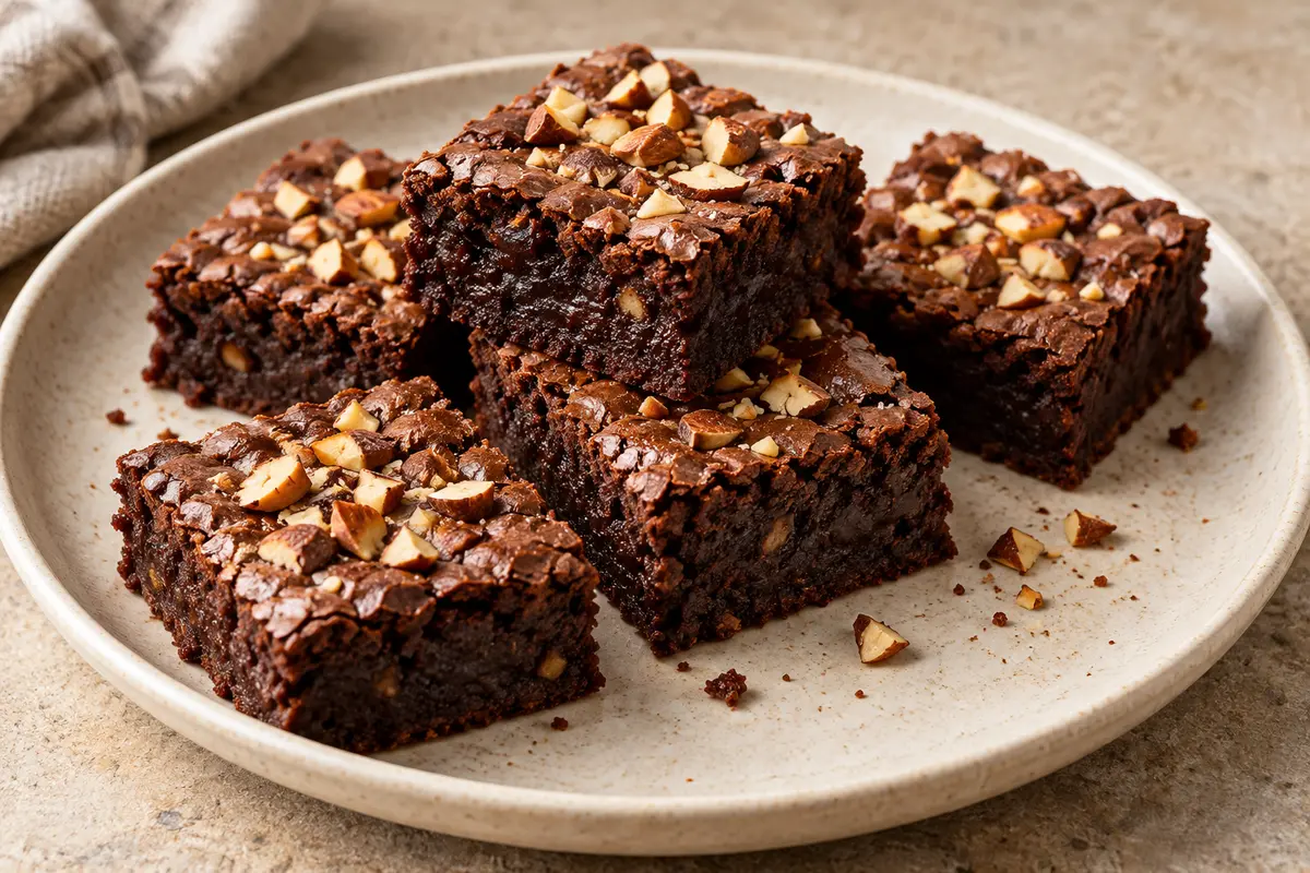 Five square almond fudge brownies with crackly tops and chopped toasted almonds on a cream plate