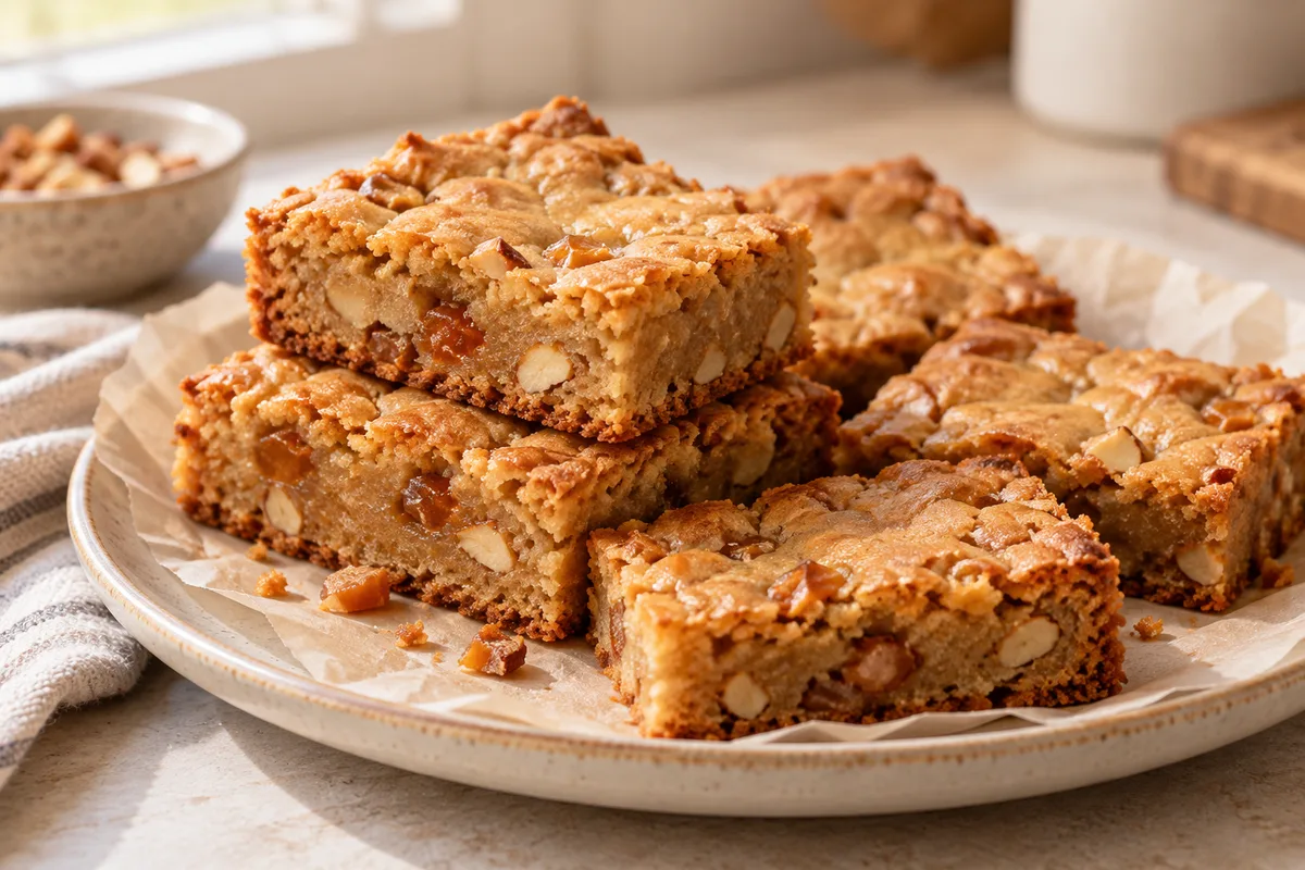 Golden almond toffee blondie squares stacked on a parchment-lined plate, showing almond pieces and chewy toffee pockets