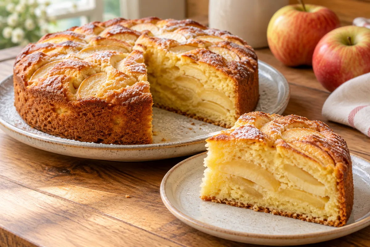 Round apple and almond cake topped with overlapping apple slices, with a cut slice showing the soft apple-filled crumb