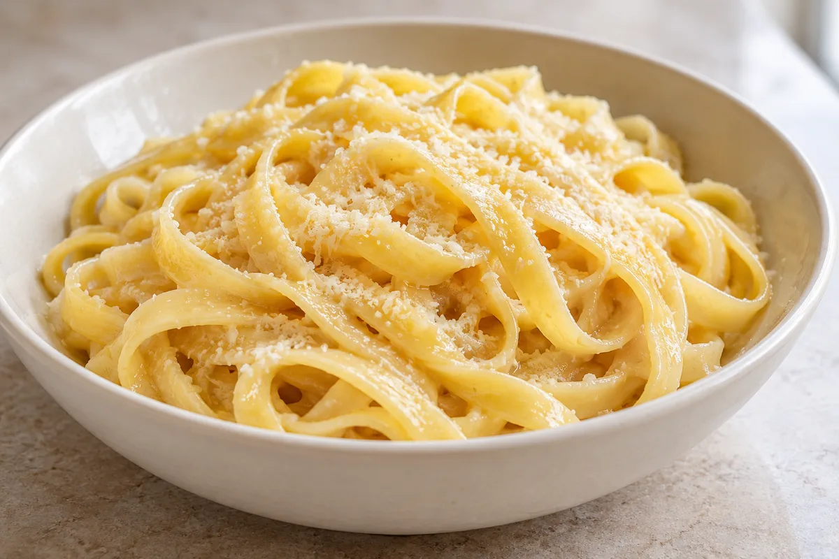 Broad fettuccine ribbons coated in glossy butter and Parmesan sauce in a ceramic bowl