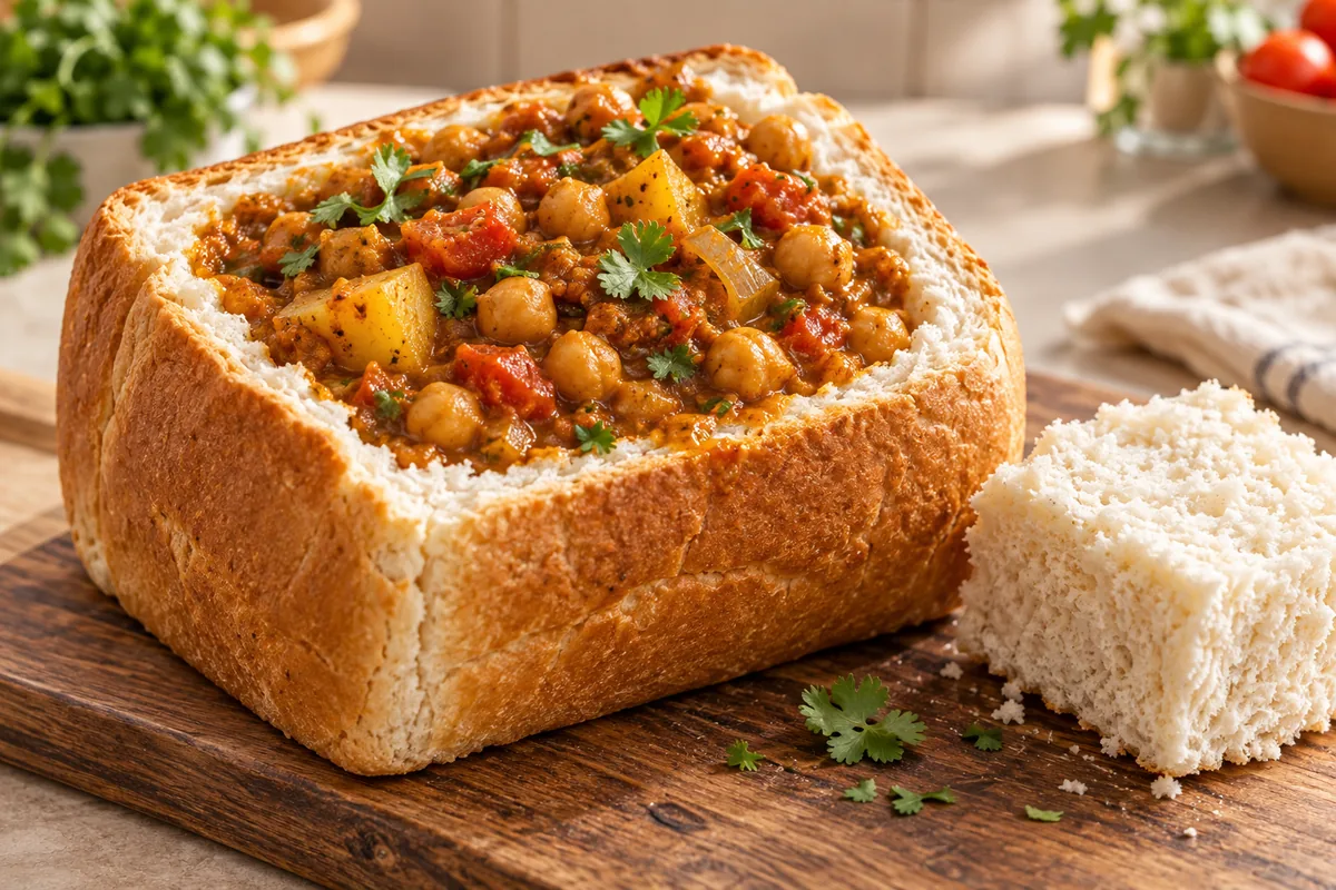 AI illustration of a hollowed quarter loaf filled with chickpea, tomato and potato curry, with its bread plug beside it