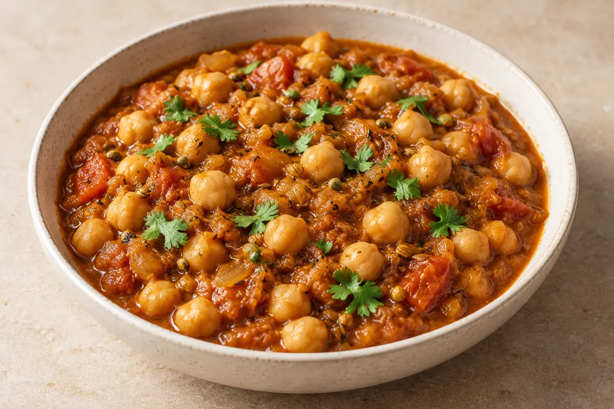 Thick tomato and onion chickpea curry with whole spices and fresh coriander in an off-white bowl