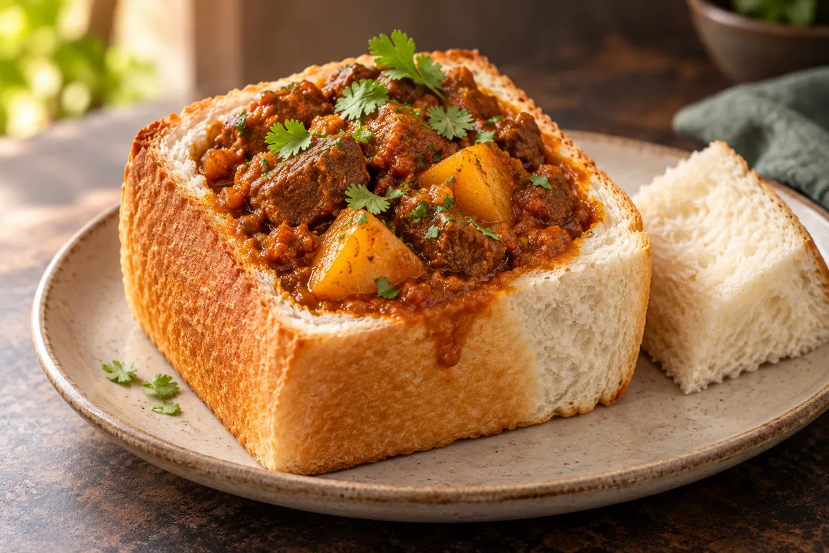 Illustration of lamb and potato curry served inside a hollowed quarter loaf of white bread, with the bread plug beside it