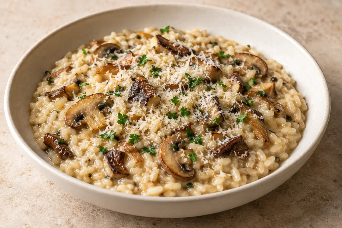 Creamy mushroom risotto with browned mushroom slices, grated hard cheese and chopped parsley in a shallow cream bowl