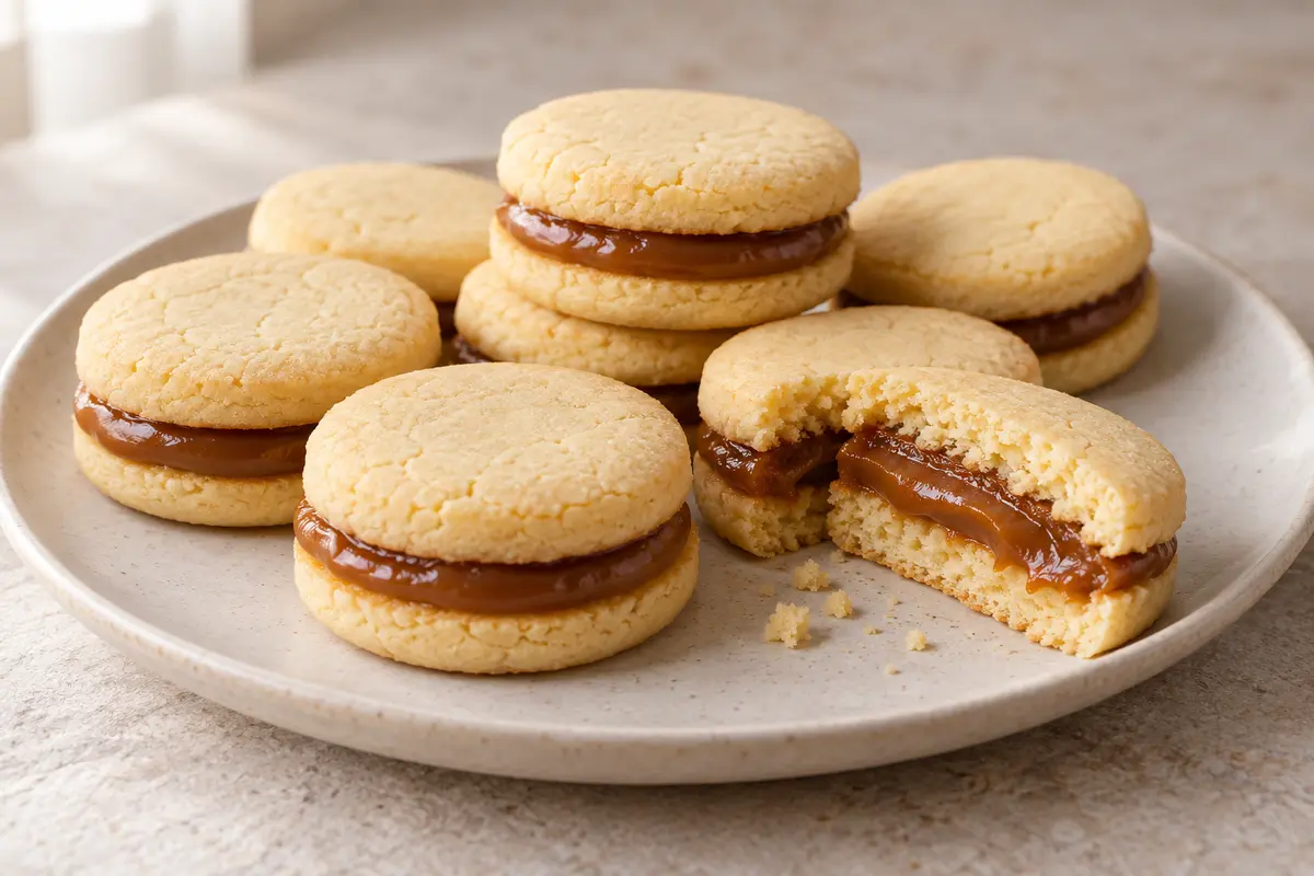 Pale lemon-scented cornstarch sandwich cookies filled with thick dulce de leche on a ceramic plate