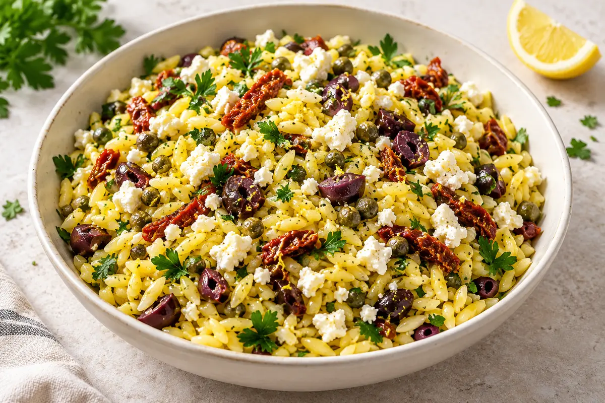 Yellow lemon orzo salad with feta, parsley, sun-dried tomatoes, kalamata olives and capers in a cream bowl