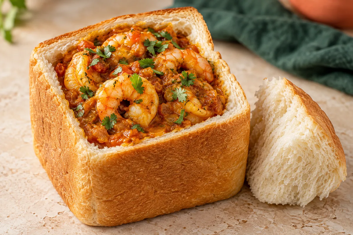 AI illustration of a hollowed quarter loaf filled with thick tomato-and-coconut curry and peeled cooked prawns, with its bread plug beside it