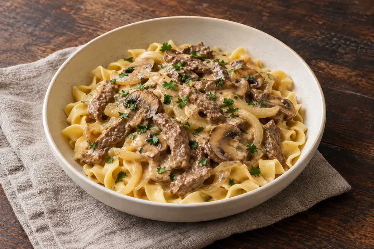 Beef and sliced mushrooms in a creamy paprika sauce served over wide egg noodles with parsley