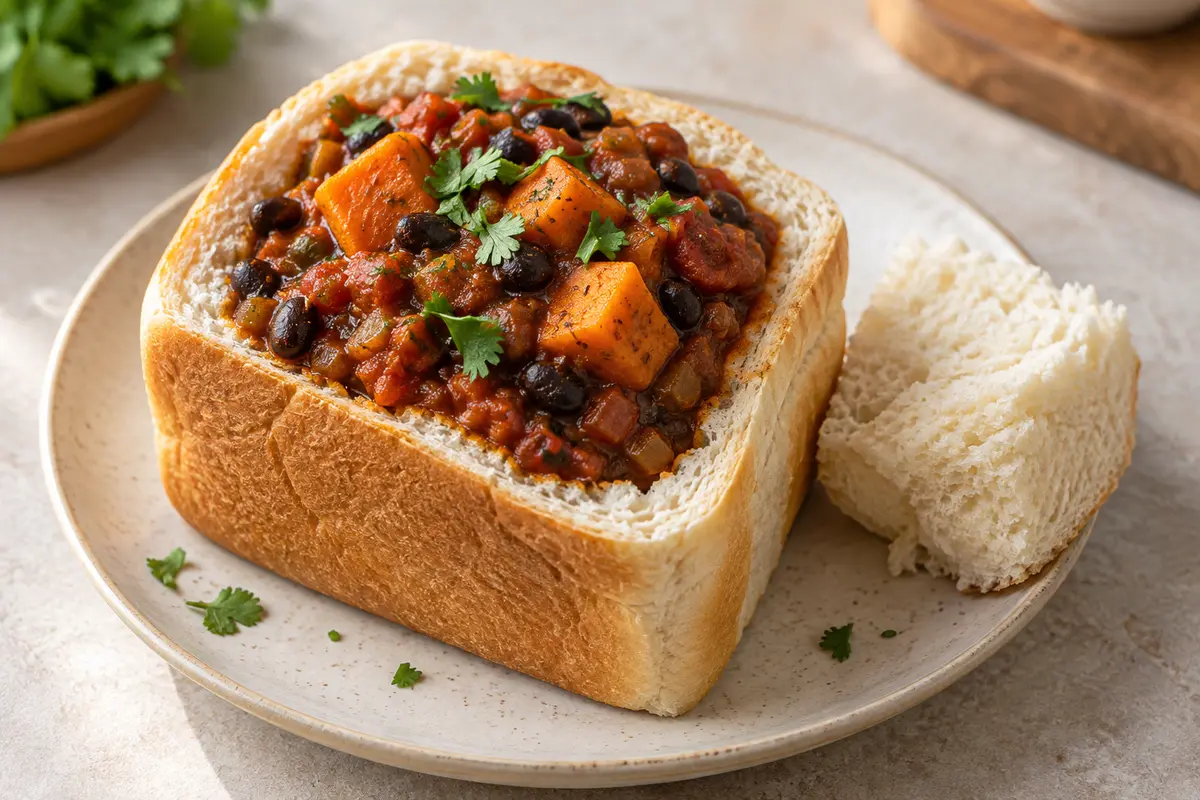 Sweet potato and black bean curry served in a hollowed quarter-loaf of white bread with the bread plug alongside