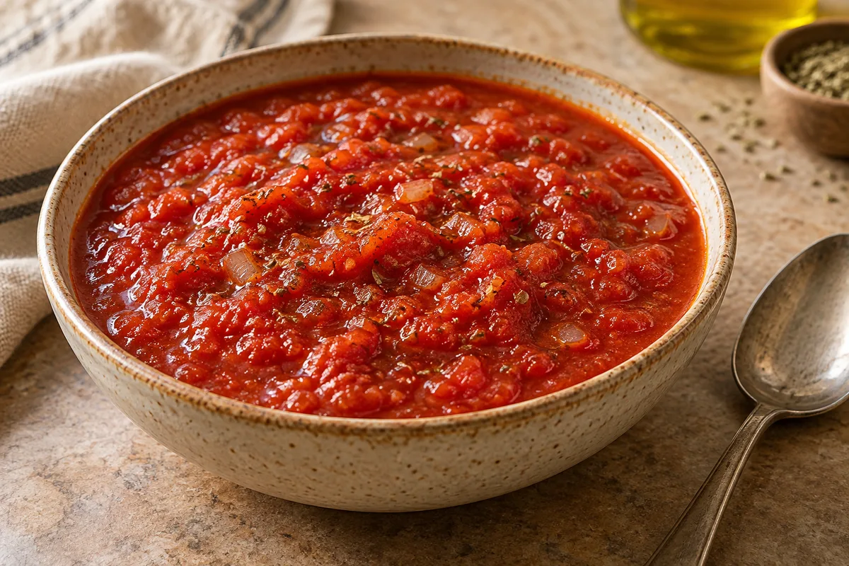 Thick red tomato marinara sauce with onion and oregano in a ceramic bowl